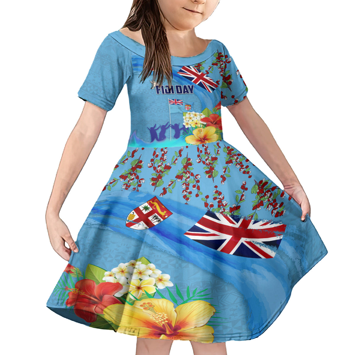 Fiji Day Family Matching Puletasi and Hawaiian Shirt Tagimoucia Flower and Melanesia Pattern LT03 Daughter's Dress Blue - Polynesian Pride