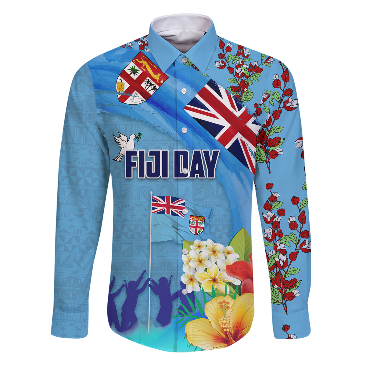 Fiji Day Family Matching Puletasi and Hawaiian Shirt Tagimoucia Flower and Melanesia Pattern LT03 Dad's Shirt - Long Sleeve Blue - Polynesian Pride