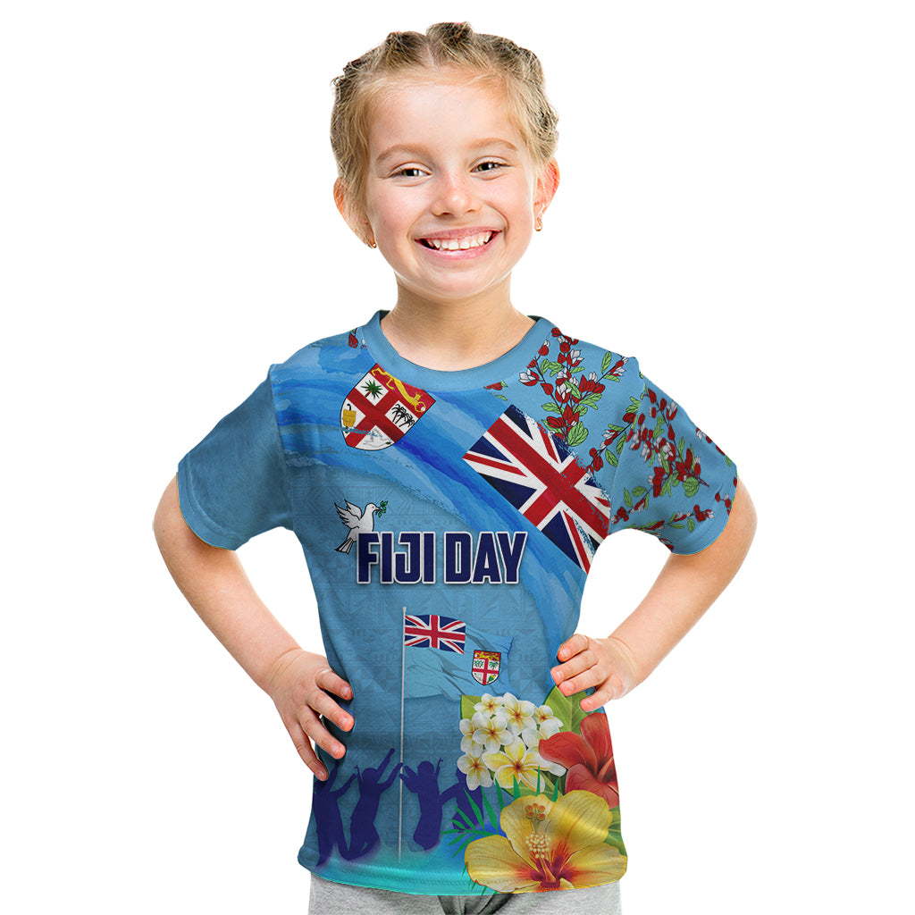Fiji Day Kid T Shirt Tagimoucia Flower and Melanesia Pattern LT03 Blue - Polynesian Pride