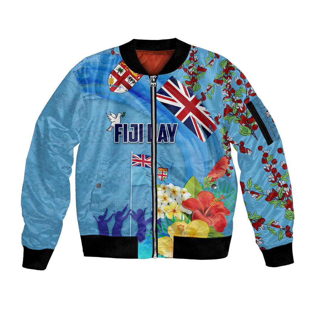 Fiji Day Sleeve Zip Bomber Jacket Tagimoucia Flower and Melanesia Pattern