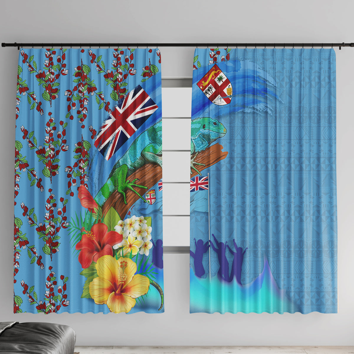 Fiji Day Window Curtain Tagimoucia Flower and Melanesia Pattern LT03 With Hooks Blue - Polynesian Pride