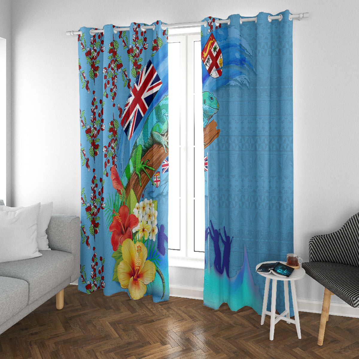 Fiji Day Window Curtain Tagimoucia Flower and Melanesia Pattern LT03 With Grommets Blue - Polynesian Pride