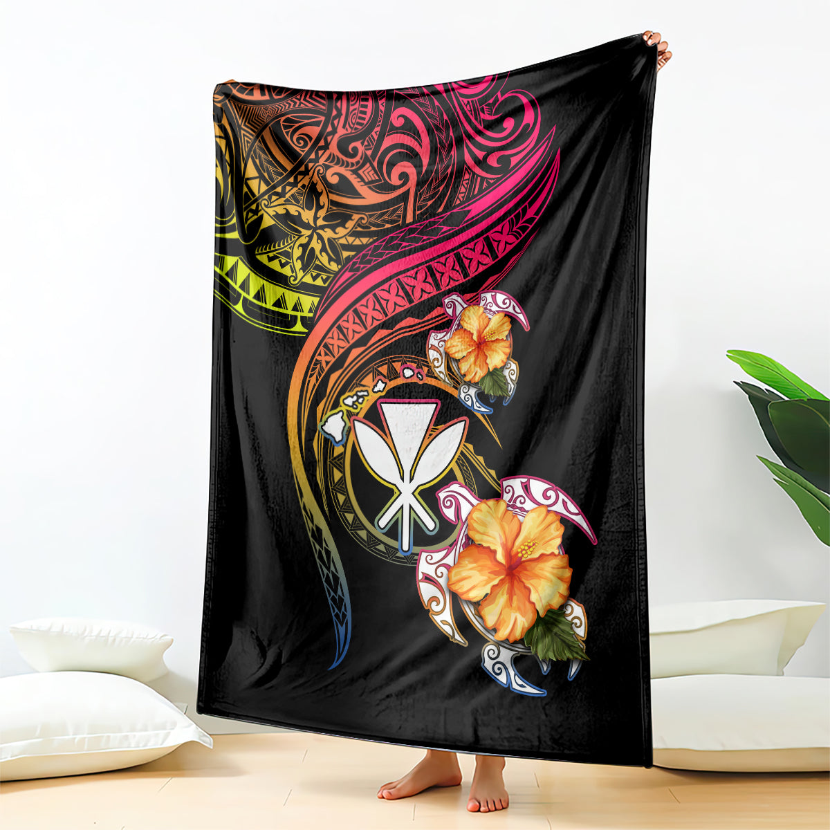 Polynesia Hawaii Turtle Day Blanket Hibiscus and Kanaka Maoli LT03 - Polynesian Pride