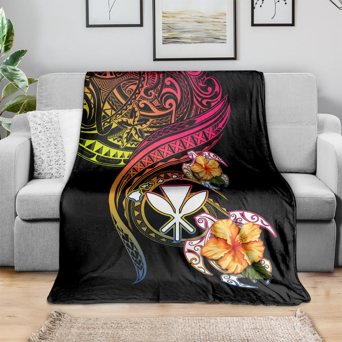 Polynesia Hawaii Turtle Day Blanket Hibiscus and Kanaka Maoli LT03 - Polynesian Pride