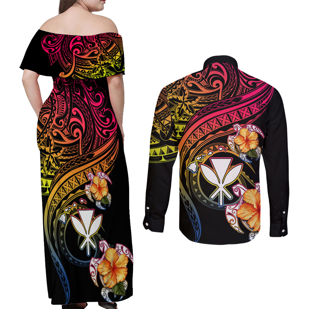 Polynesia Hawaii Turtle Day Couples Matching Off Shoulder Maxi Dress and Long Sleeve Button Shirt Hibiscus and Kanaka Maoli