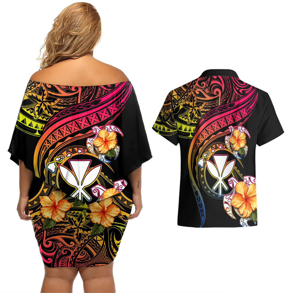 Polynesia Hawaii Turtle Day Couples Matching Off Shoulder Short Dress and Hawaiian Shirt Hibiscus and Kanaka Maoli