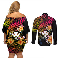 Polynesia Hawaii Turtle Day Couples Matching Off Shoulder Short Dress and Long Sleeve Button Shirt Hibiscus and Kanaka Maoli