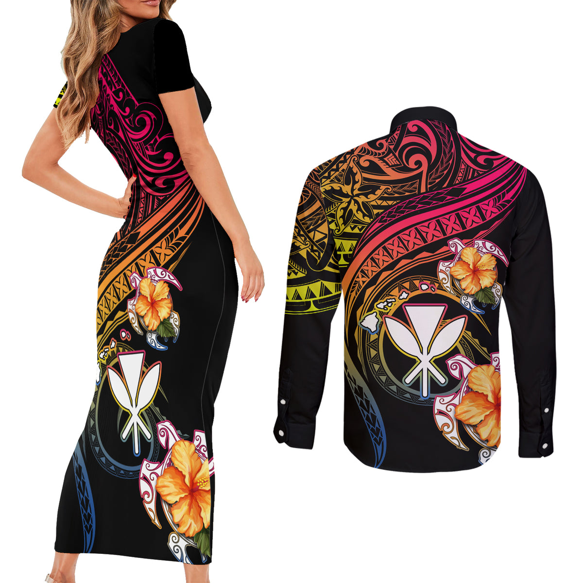 Polynesia Hawaii Turtle Day Couples Matching Short Sleeve Bodycon Dress and Long Sleeve Button Shirt Hibiscus and Kanaka Maoli