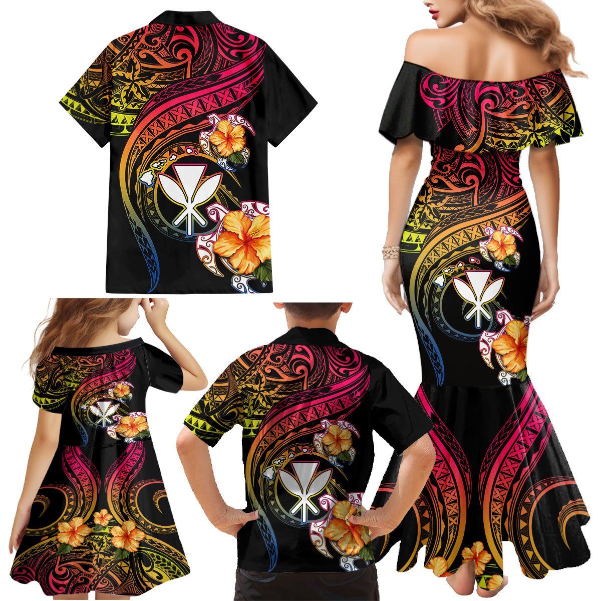Polynesia Hawaii Turtle Day Family Matching Mermaid Dress and Hawaiian Shirt Hibiscus and Kanaka Maoli