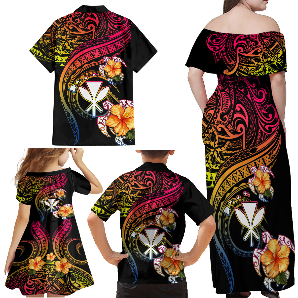 Polynesia Hawaii Turtle Day Family Matching Off Shoulder Maxi Dress and Hawaiian Shirt Hibiscus and Kanaka Maoli