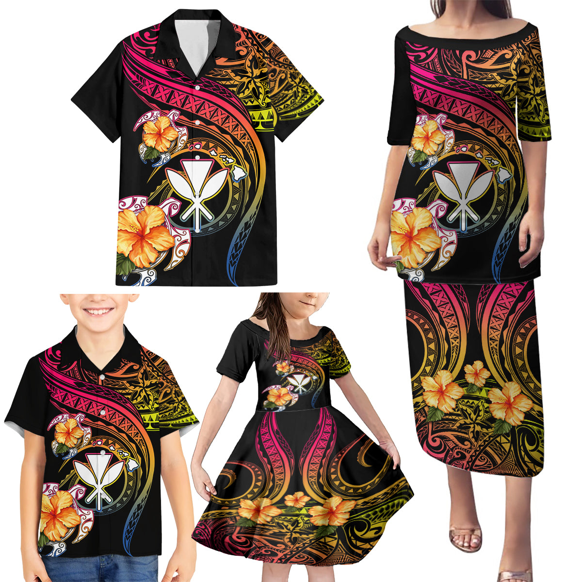 Polynesia Hawaii Turtle Day Family Matching Puletasi and Hawaiian Shirt Hibiscus and Kanaka Maoli LT03 - Polynesian Pride