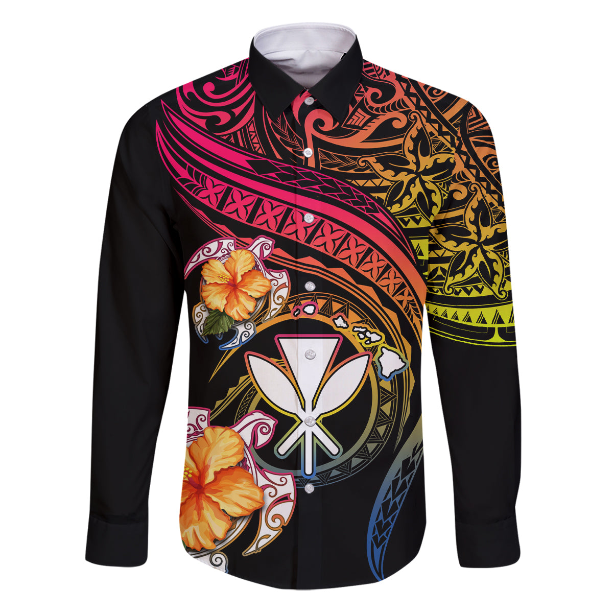 Polynesia Hawaii Turtle Day Family Matching Puletasi and Hawaiian Shirt Hibiscus and Kanaka Maoli LT03 Dad's Shirt - Long Sleeve Black - Polynesian Pride