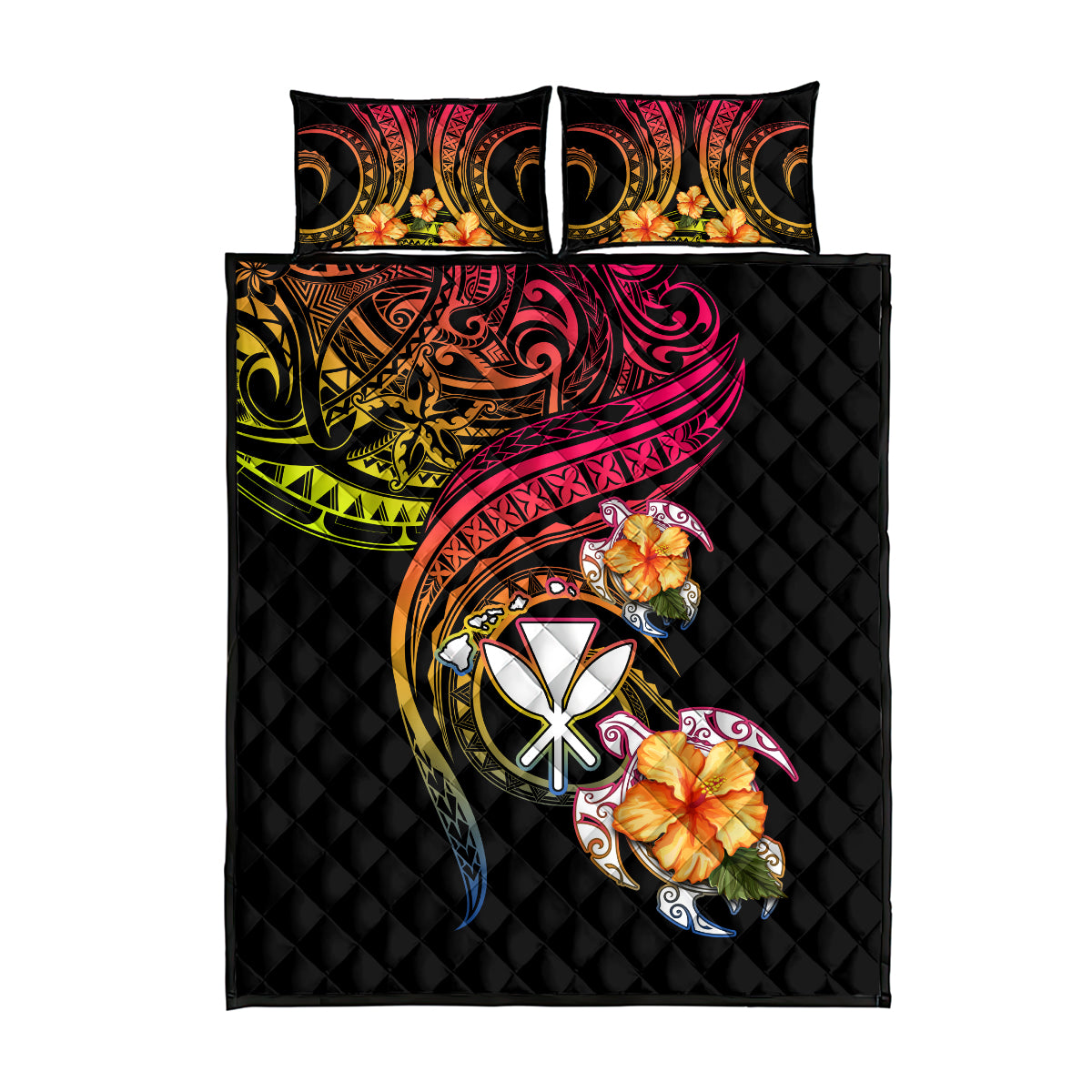 Polynesia Hawaii Turtle Day Quilt Bed Set Hibiscus and Kanaka Maoli