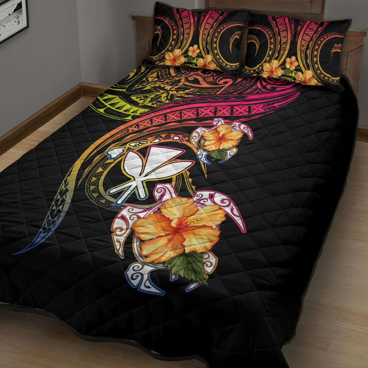 Polynesia Hawaii Turtle Day Quilt Bed Set Hibiscus and Kanaka Maoli