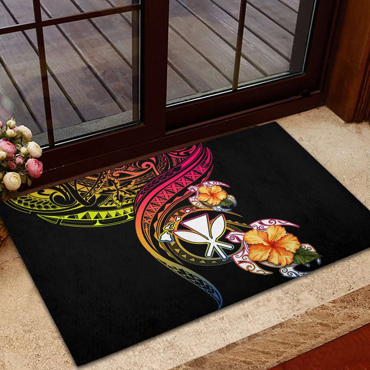 Polynesia Hawaii Turtle Day Rubber Doormat Hibiscus and Kanaka Maoli LT03 - Polynesian Pride