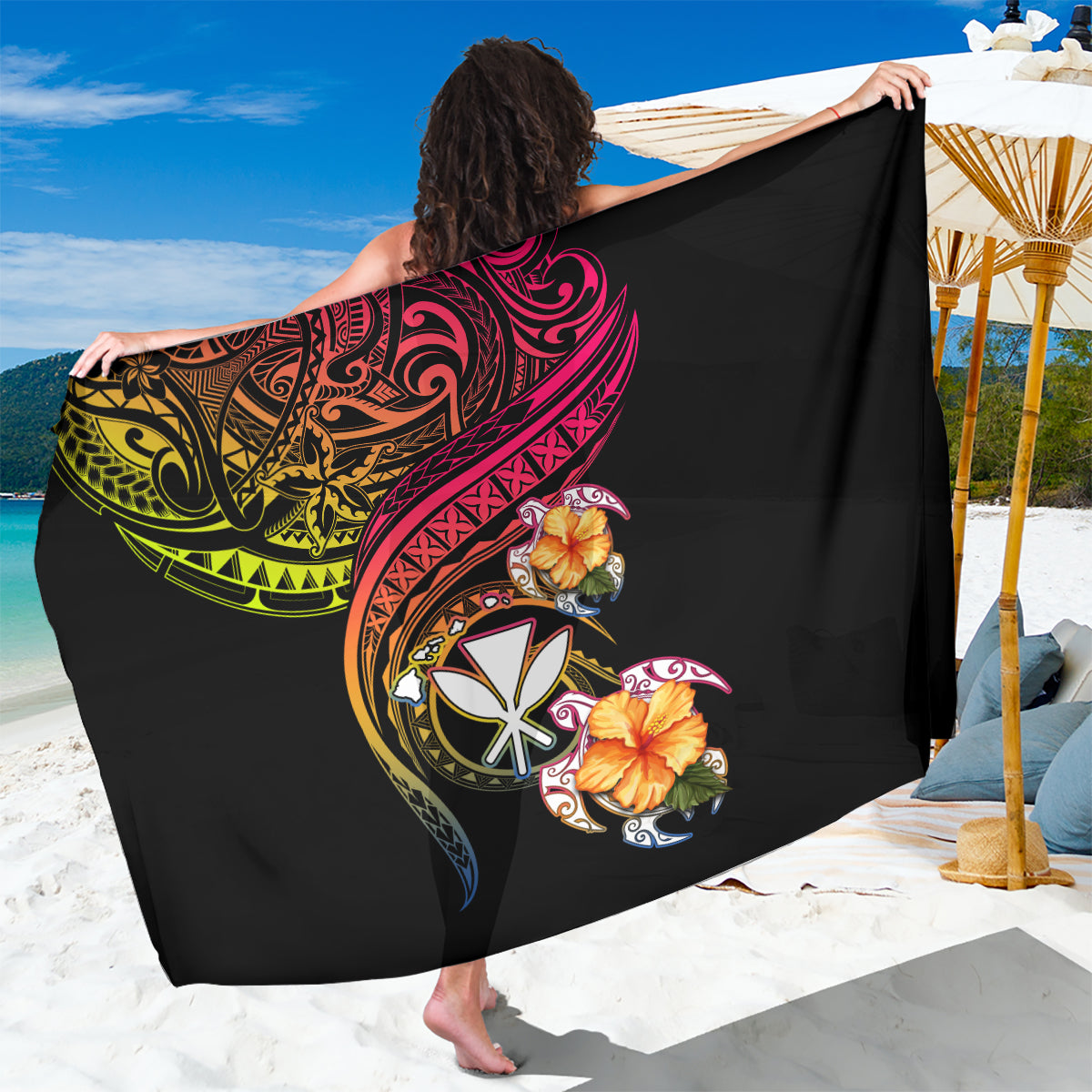Polynesia Hawaii Turtle Day Sarong Hibiscus and Kanaka Maoli
