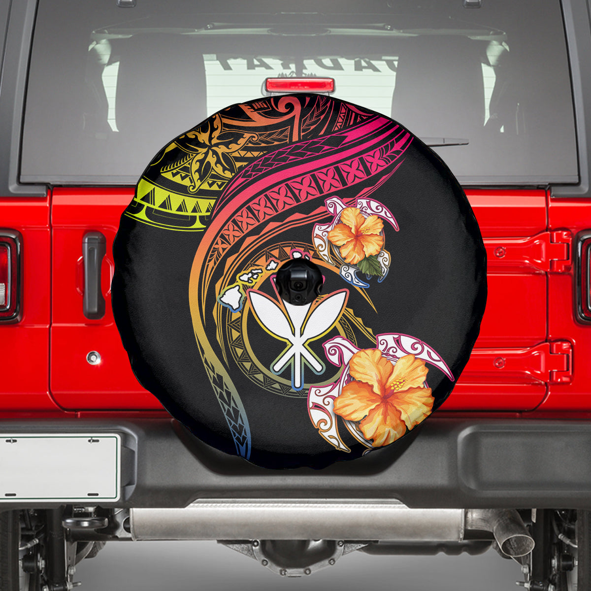 Polynesia Hawaii Turtle Day Spare Tire Cover Hibiscus and Kanaka Maoli