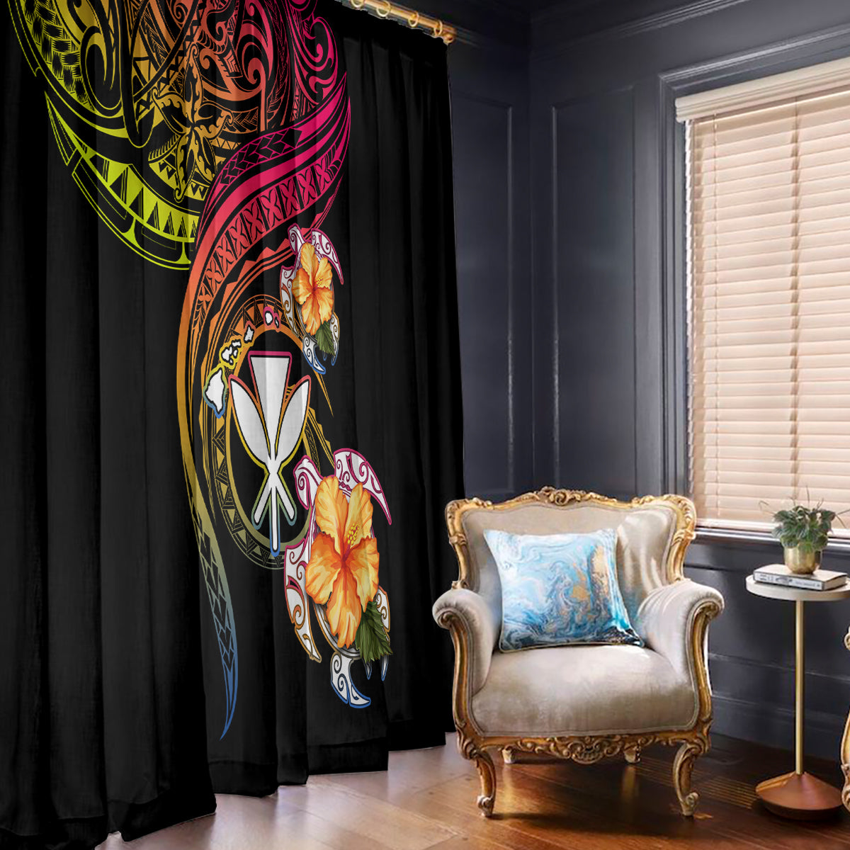 Polynesia Hawaii Turtle Day Window Curtain Hibiscus and Kanaka Maoli