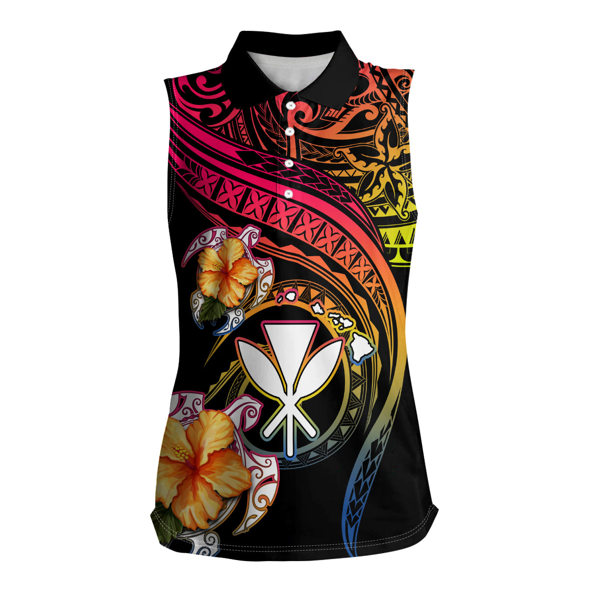 Polynesia Hawaii Turtle Day Women Sleeveless Polo Shirt Hibiscus and Kanaka Maoli LT03 Female Black - Polynesian Pride