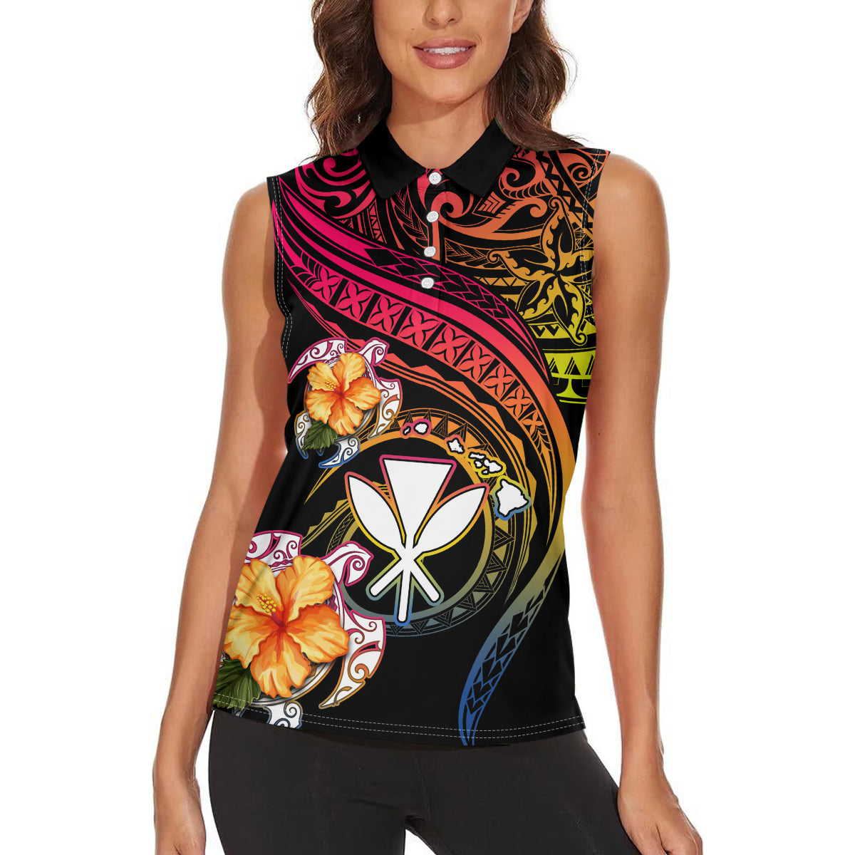 Polynesia Hawaii Turtle Day Women Sleeveless Polo Shirt Hibiscus and Kanaka Maoli LT03 - Polynesian Pride