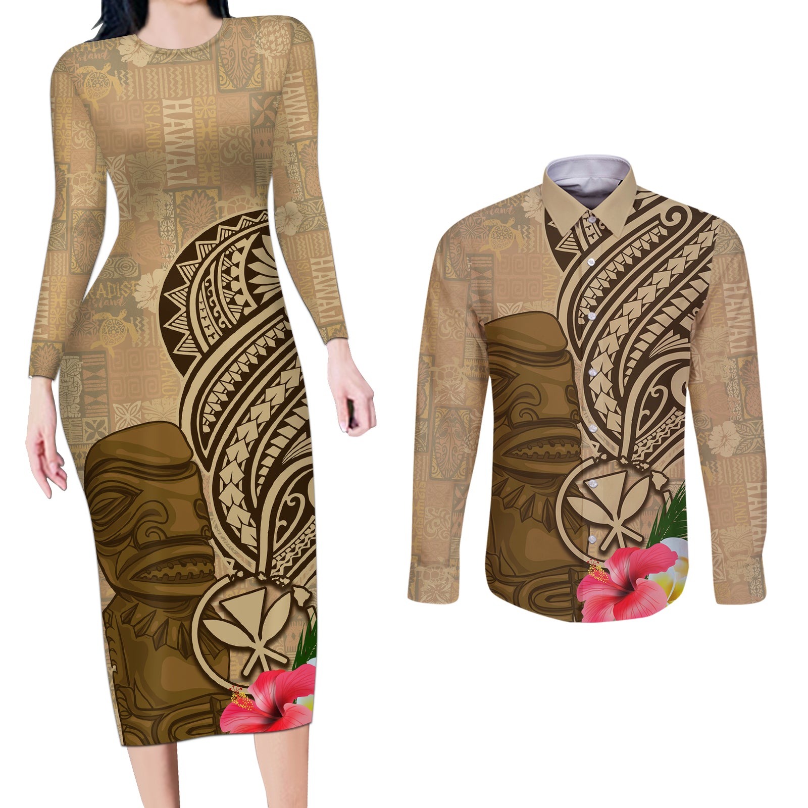Hawaii Kanaloa Tiki Couples Matching Long Sleeve Bodycon Dress and Long Sleeve Button Shirt Polynesian Tattoo and Tapa Pattern LT03 Beige - Polynesian Pride