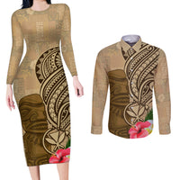 Hawaii Kanaloa Tiki Couples Matching Long Sleeve Bodycon Dress and Long Sleeve Button Shirt Polynesian Tattoo and Tapa Pattern LT03 Beige - Polynesian Pride