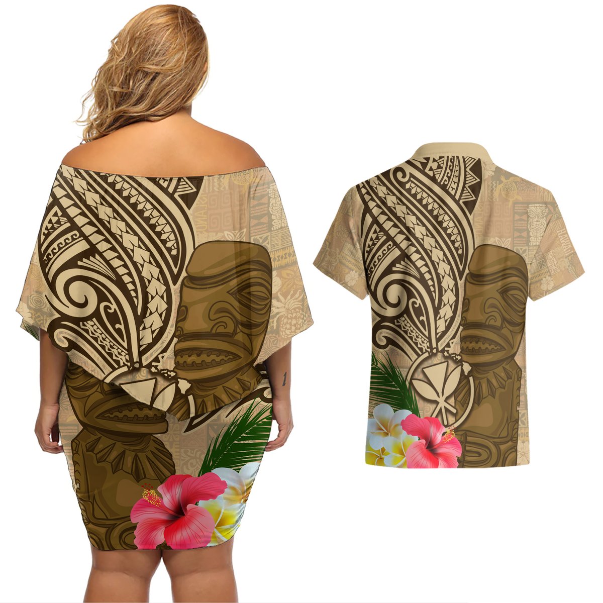 Hawaii Kanaloa Tiki Couples Matching Off Shoulder Short Dress and Hawaiian Shirt Polynesian Tattoo and Tapa Pattern LT03 - Polynesian Pride