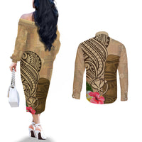 Hawaii Kanaloa Tiki Couples Matching Off The Shoulder Long Sleeve Dress and Long Sleeve Button Shirt Polynesian Tattoo and Tapa Pattern LT03 - Polynesian Pride