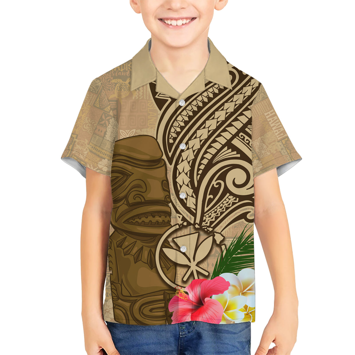 Hawaii Kanaloa Tiki Family Matching Short Sleeve Bodycon Dress and Hawaiian Shirt Polynesian Tattoo and Tapa Pattern
