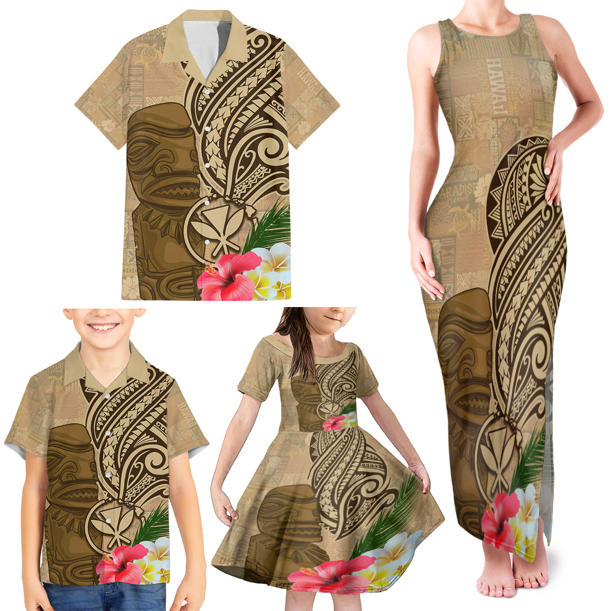 Hawaii Kanaloa Tiki Family Matching Tank Maxi Dress and Hawaiian Shirt Polynesian Tattoo and Tapa Pattern