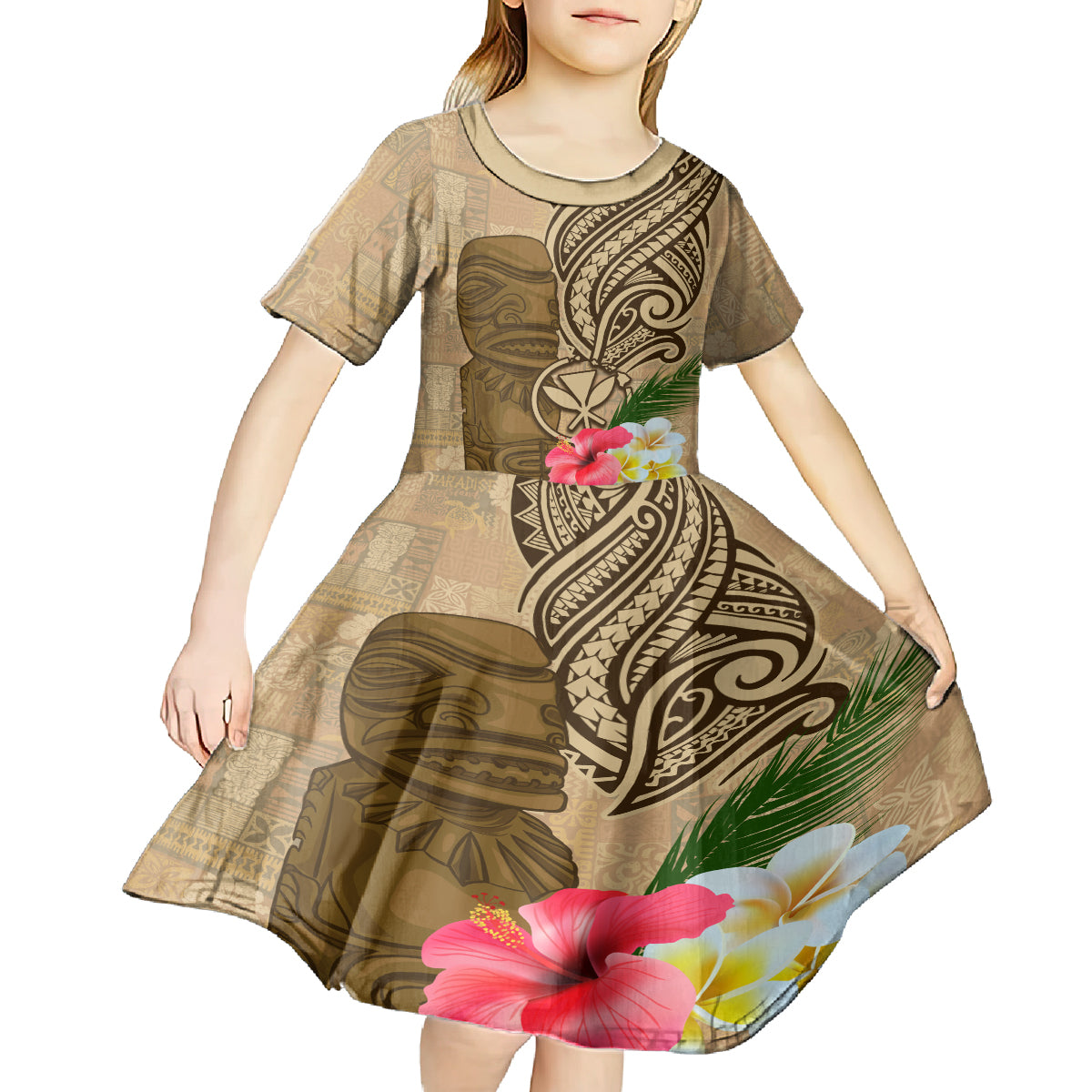 Hawaii Kanaloa Tiki Kid Short Sleeve Dress Polynesian Tattoo and Tapa Pattern