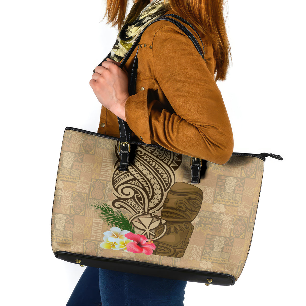 Hawaii Kanaloa Tiki Leather Tote Bag Polynesian Tattoo and Tapa Pattern LT03 Beige - Polynesian Pride
