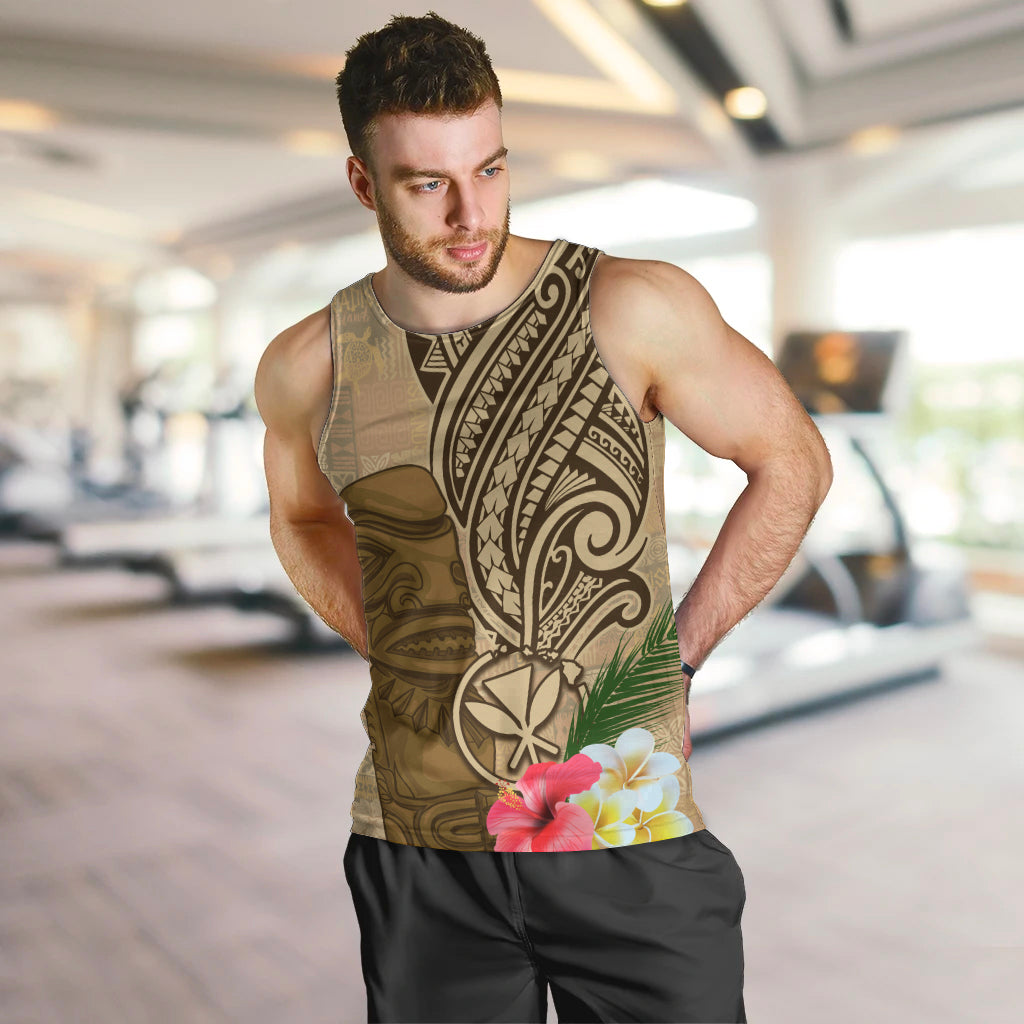 Hawaii Kanaloa Tiki Men Tank Top Polynesian Tattoo and Tapa Pattern LT03 Beige - Polynesian Pride