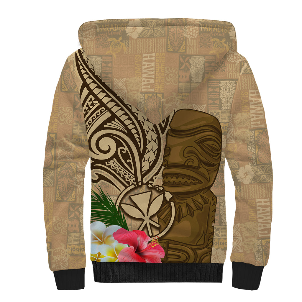 Hawaii Kanaloa Tiki Sherpa Hoodie Polynesian Tattoo and Tapa Pattern