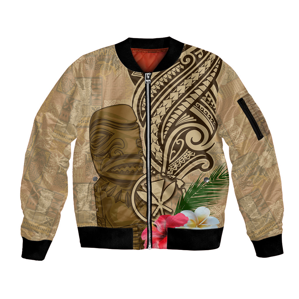 Hawaii Kanaloa Tiki Sleeve Zip Bomber Jacket Polynesian Tattoo and Tapa Pattern