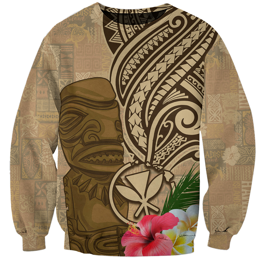 Hawaii Kanaloa Tiki Sweatshirt Polynesian Tattoo and Tapa Pattern LT03 Unisex Beige - Polynesian Pride