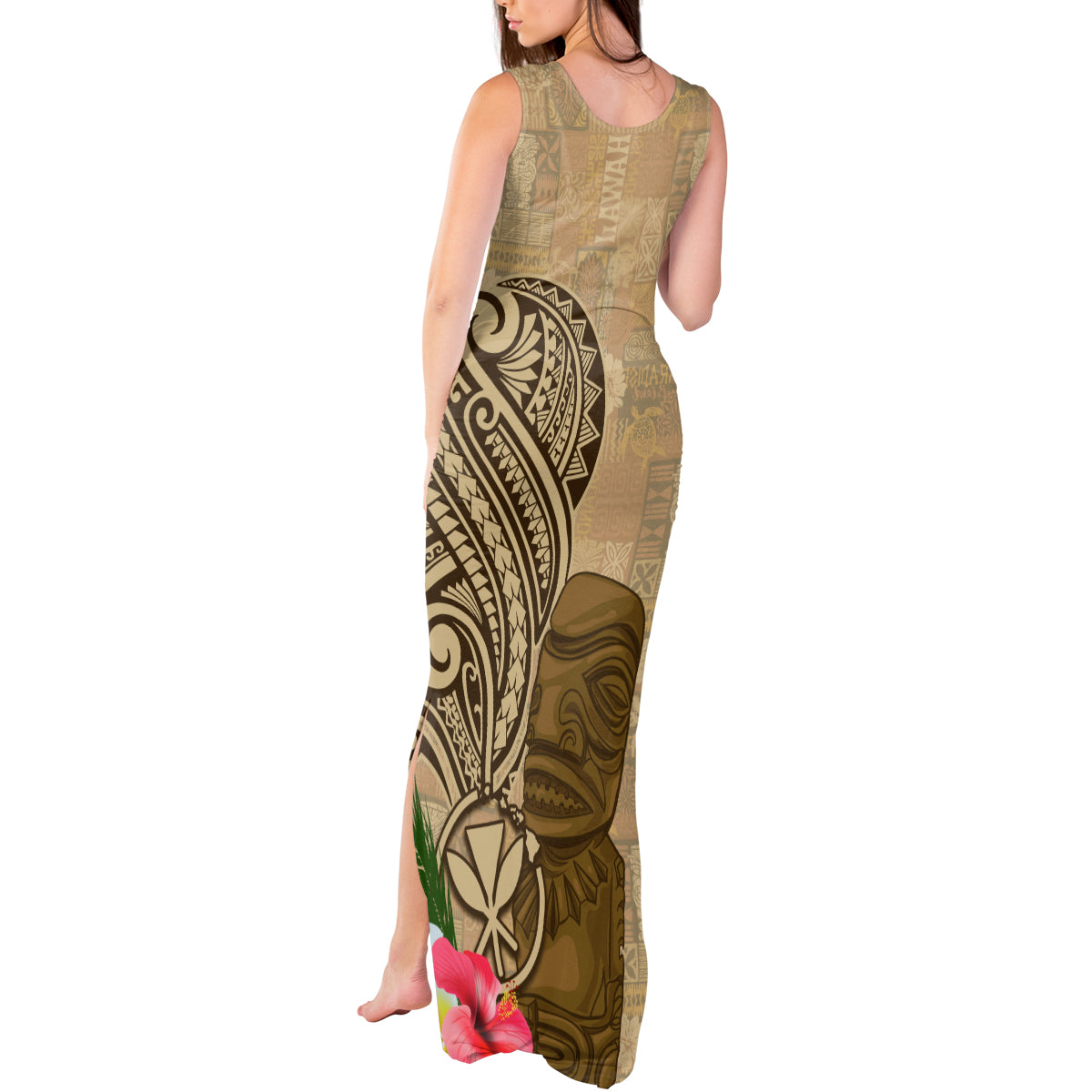 Hawaii Kanaloa Tiki Tank Maxi Dress Polynesian Tattoo and Tapa Pattern