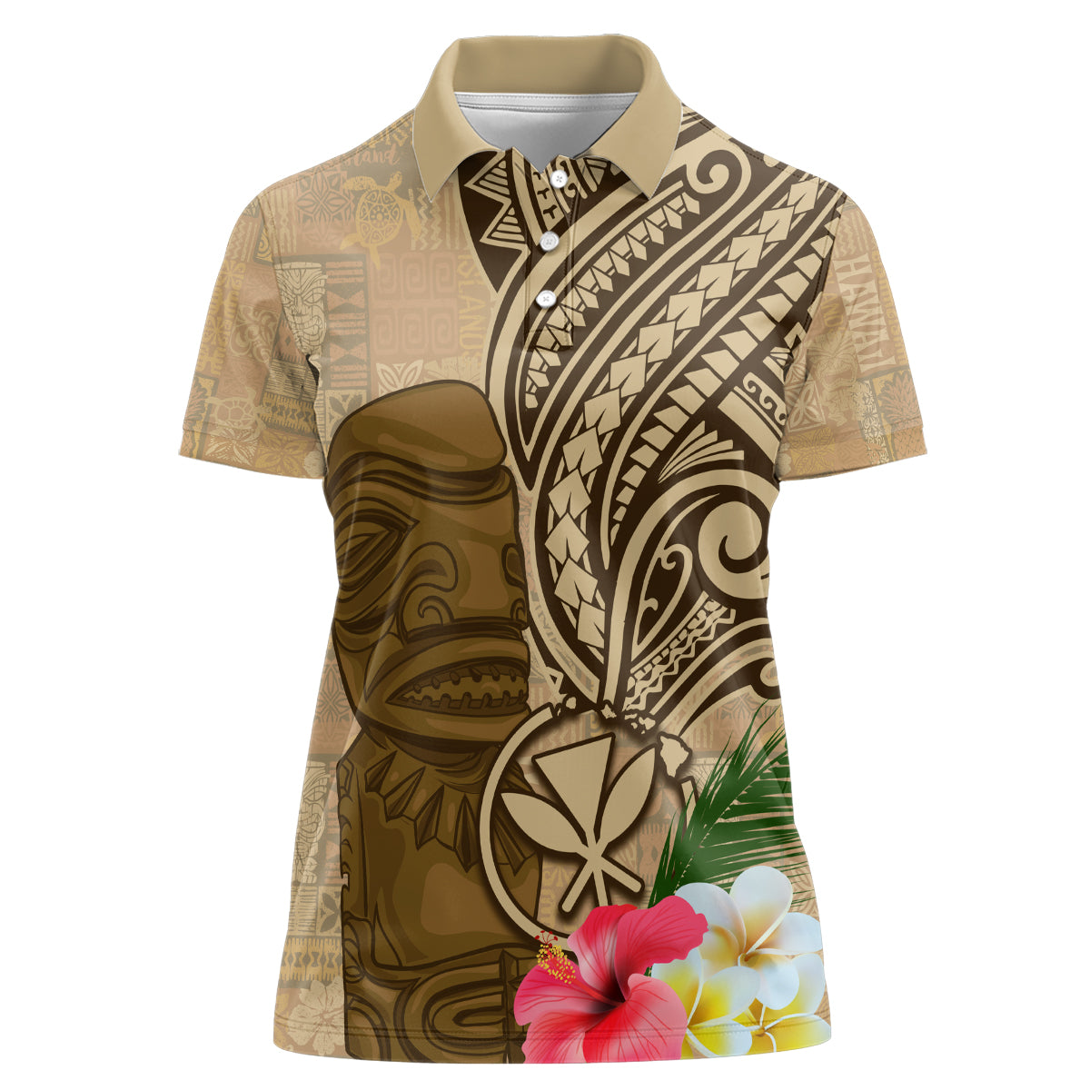 Hawaii Kanaloa Tiki Women Polo Shirt Polynesian Tattoo and Tapa Pattern