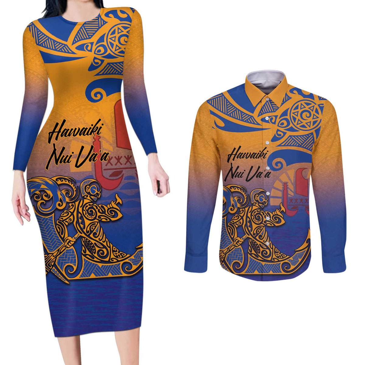 Hawaiki Nui Va'a Solo French Polynesia Couples Matching Long Sleeve Bodycon Dress and Long Sleeve Button Shirt Sunset Color LT03 Yellow - Polynesian Pride