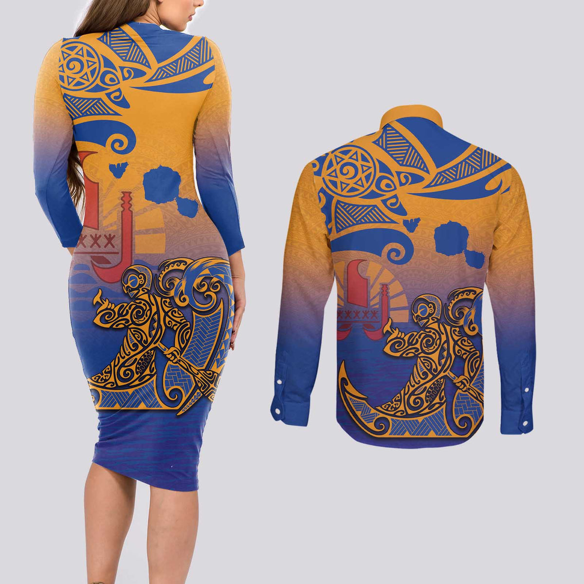 Hawaiki Nui Va'a Solo French Polynesia Couples Matching Long Sleeve Bodycon Dress and Long Sleeve Button Shirt Sunset Color LT03 - Polynesian Pride