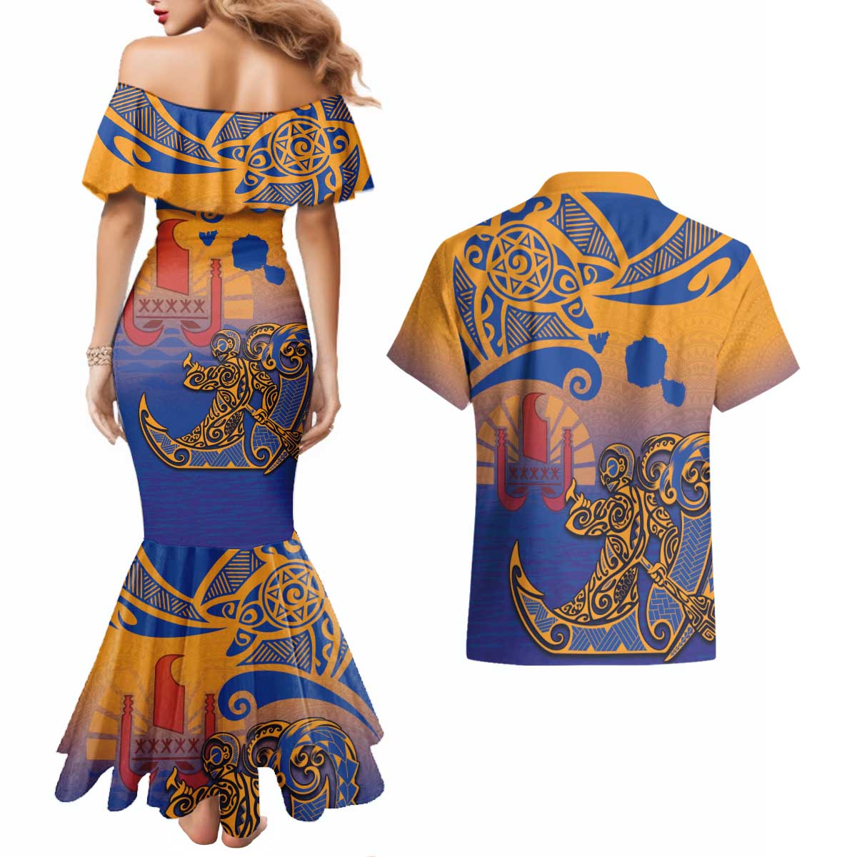 Hawaiki Nui Va'a Solo French Polynesia Couples Matching Mermaid Dress and Hawaiian Shirt Sunset Color