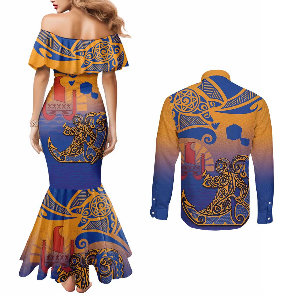 Hawaiki Nui Va'a Solo French Polynesia Couples Matching Mermaid Dress and Long Sleeve Button Shirt Sunset Color LT03 - Polynesian Pride