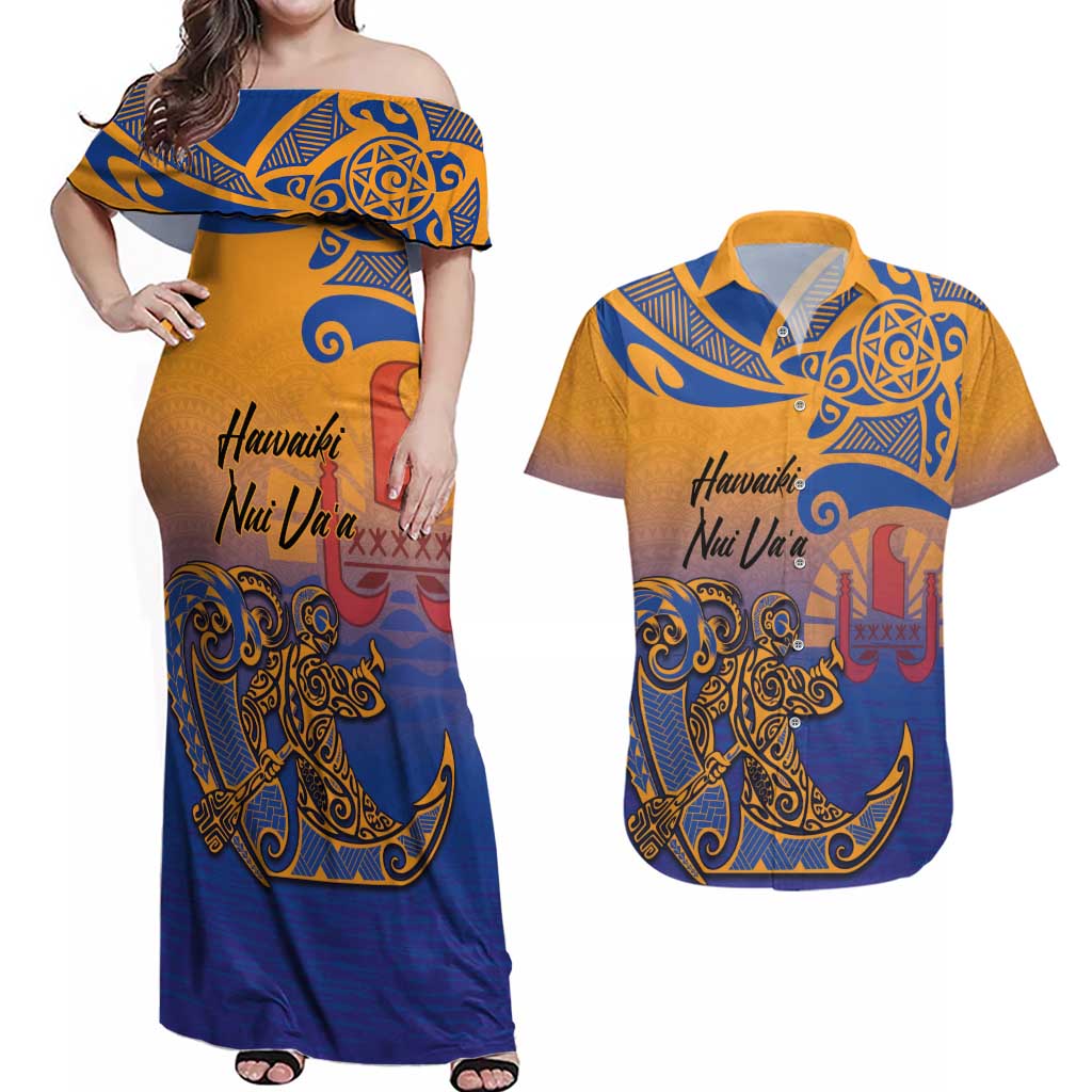 Hawaiki Nui Va'a Solo French Polynesia Couples Matching Off Shoulder Maxi Dress and Hawaiian Shirt Sunset Color LT03 Yellow - Polynesian Pride