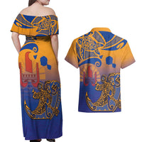 Hawaiki Nui Va'a Solo French Polynesia Couples Matching Off Shoulder Maxi Dress and Hawaiian Shirt Sunset Color LT03 - Polynesian Pride
