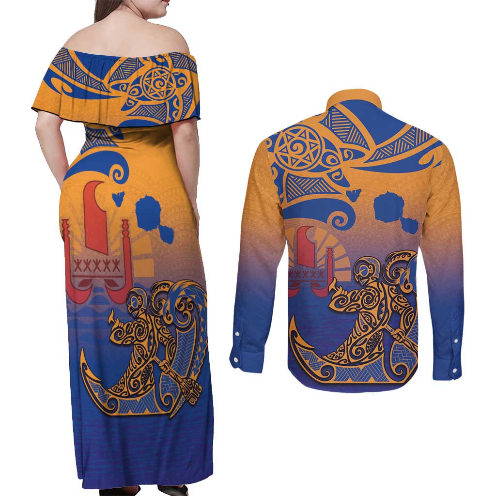 Hawaiki Nui Va'a Solo French Polynesia Couples Matching Off Shoulder Maxi Dress and Long Sleeve Button Shirt Sunset Color LT03 - Polynesian Pride