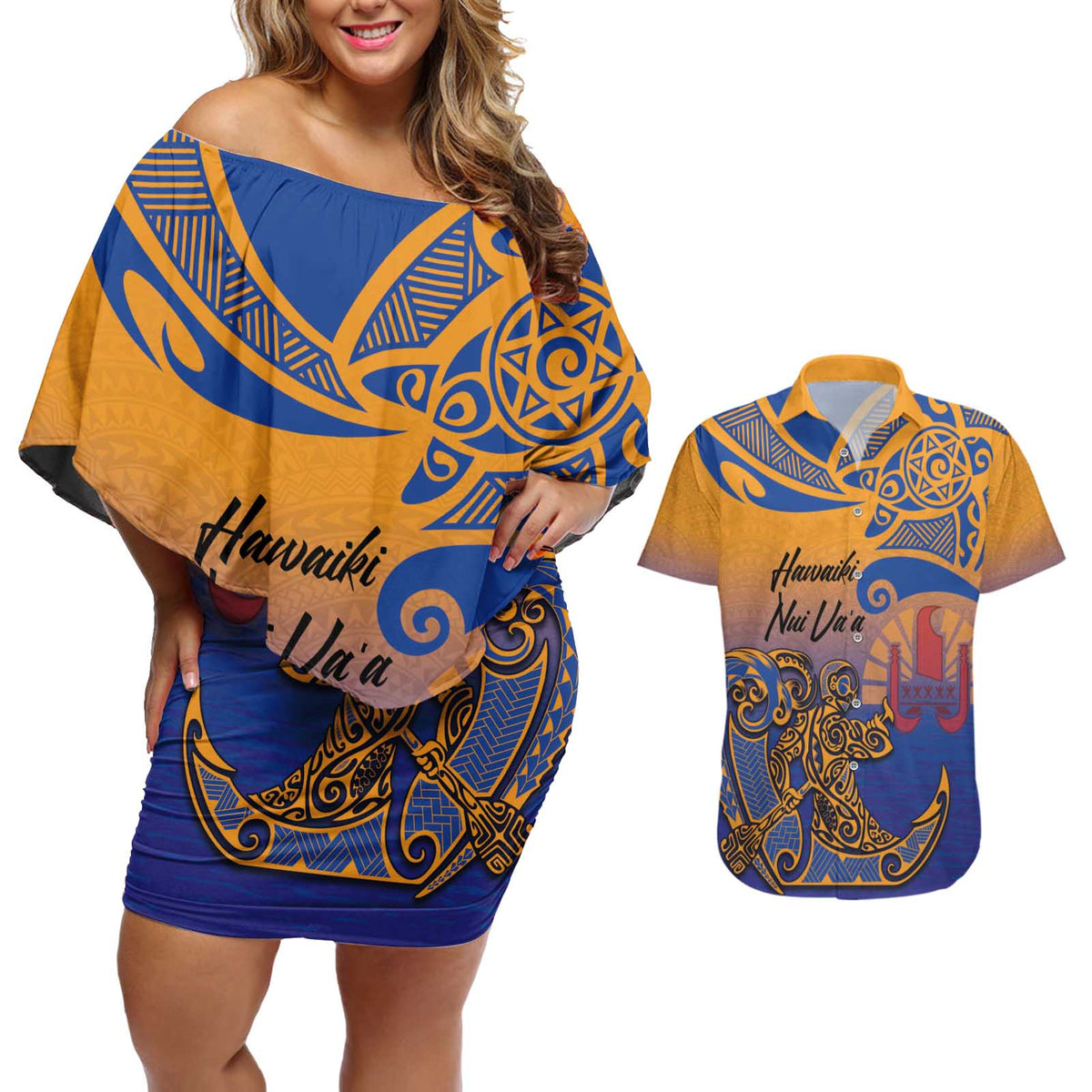 Hawaiki Nui Va'a Solo French Polynesia Couples Matching Off Shoulder Short Dress and Hawaiian Shirt Sunset Color LT03 Yellow - Polynesian Pride