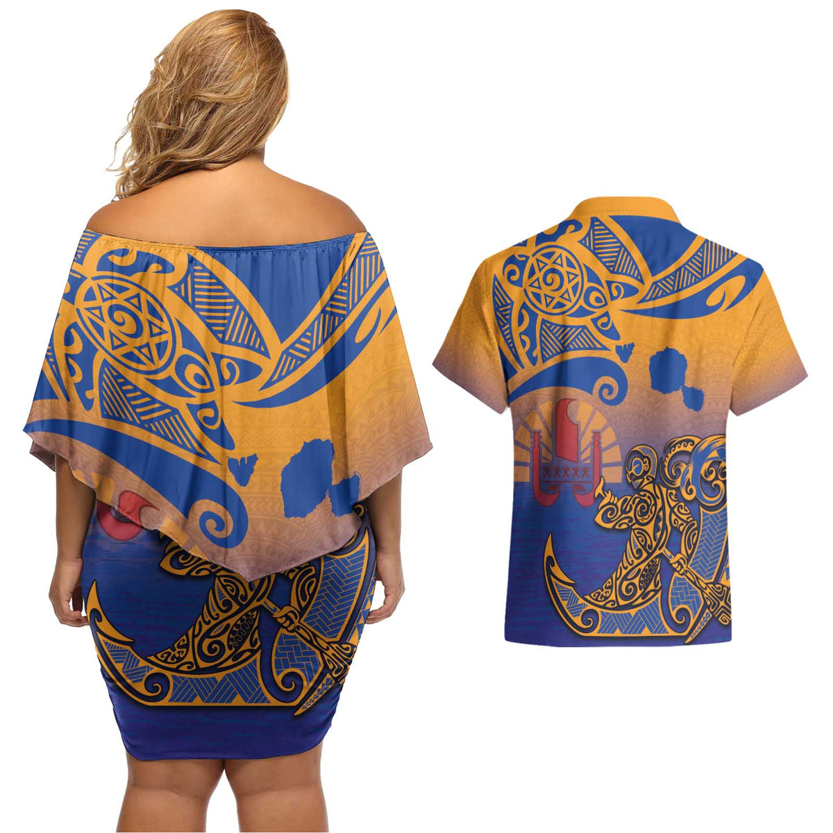 Hawaiki Nui Va'a Solo French Polynesia Couples Matching Off Shoulder Short Dress and Hawaiian Shirt Sunset Color LT03 - Polynesian Pride