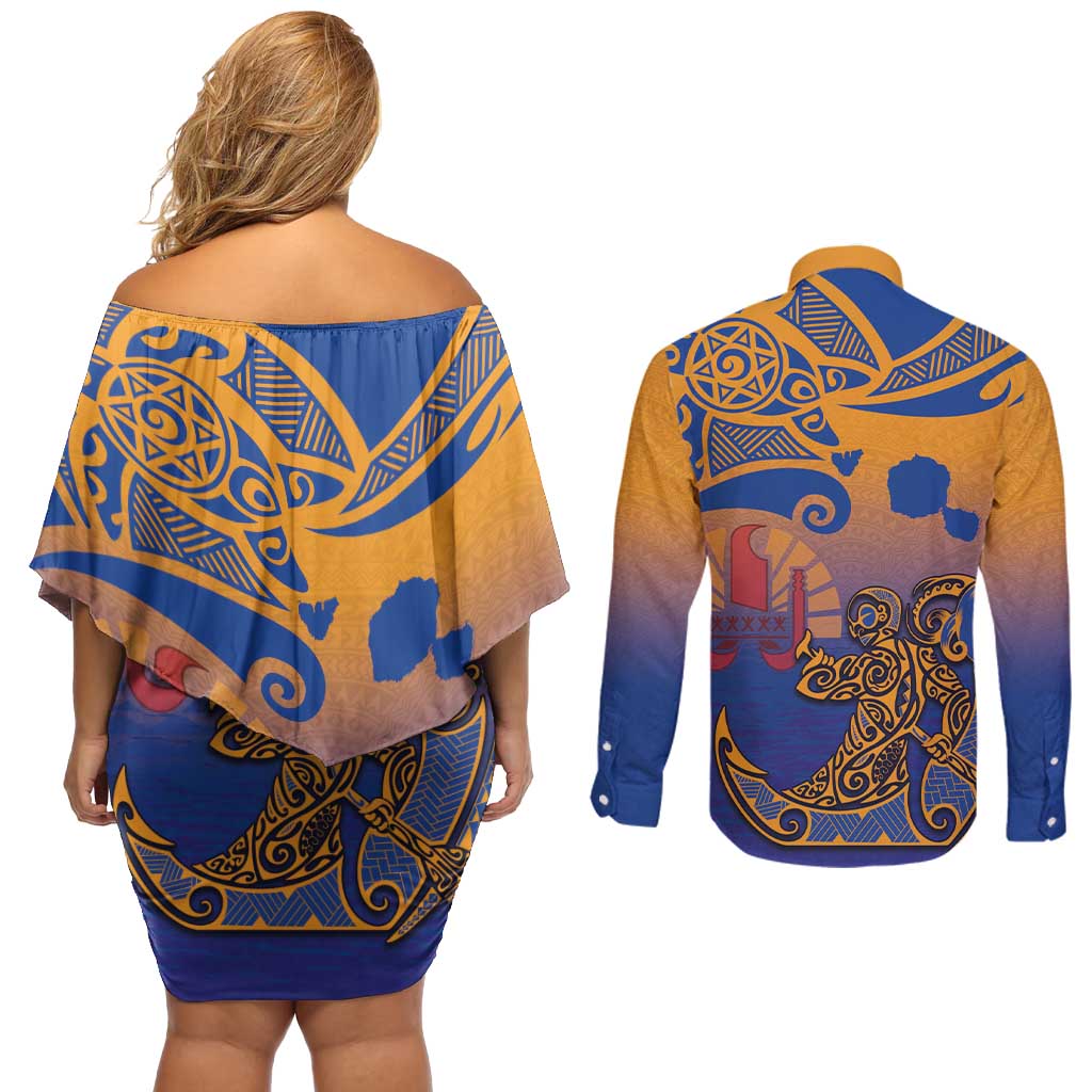 Hawaiki Nui Va'a Solo French Polynesia Couples Matching Off Shoulder Short Dress and Long Sleeve Button Shirt Sunset Color LT03 - Polynesian Pride