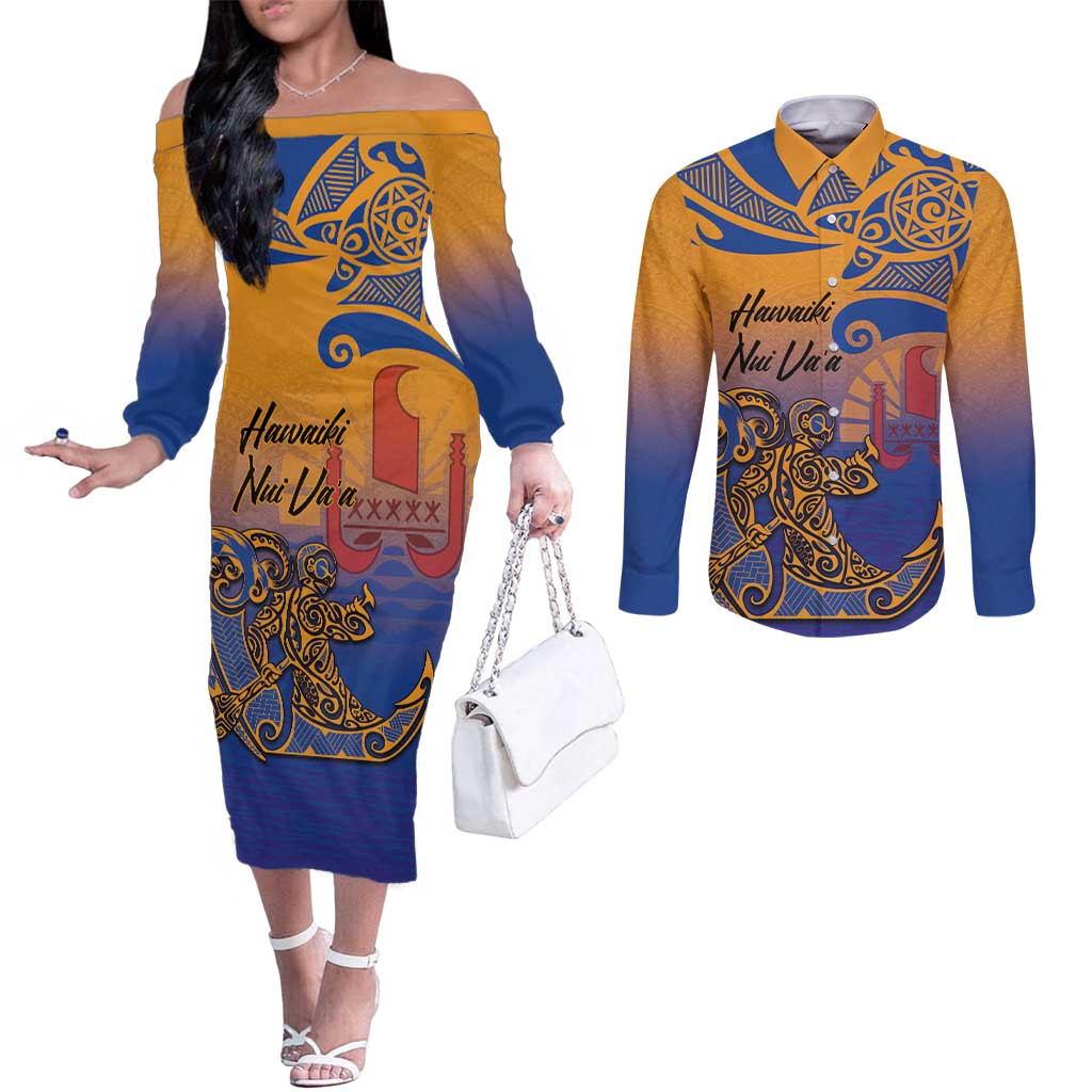 Hawaiki Nui Va'a Solo French Polynesia Couples Matching Off The Shoulder Long Sleeve Dress and Long Sleeve Button Shirt Sunset Color LT03 Yellow - Polynesian Pride