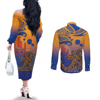Hawaiki Nui Va'a Solo French Polynesia Couples Matching Off The Shoulder Long Sleeve Dress and Long Sleeve Button Shirt Sunset Color LT03 - Polynesian Pride